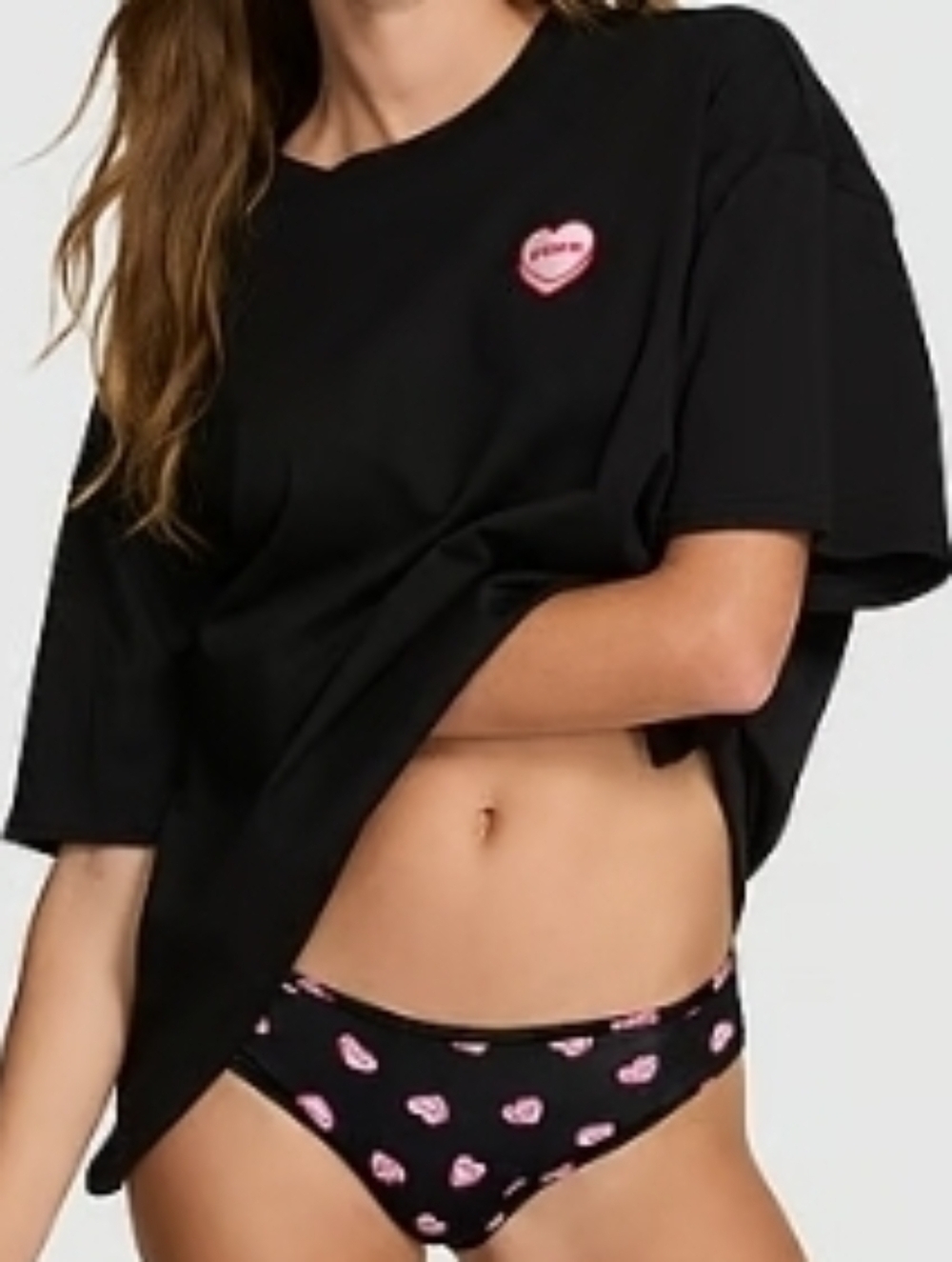 NWT PINK Victoria's Secret Black Logo Tee and Black Heart-Print Bikini Briefs